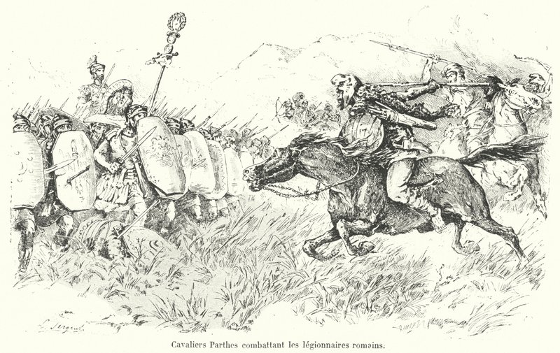 Cavalerie parthe attaquant des légionnaires romains - French School