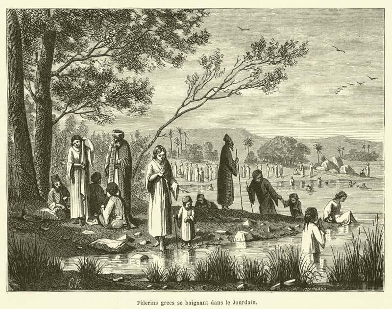 Pèlerins grecs se baignant dans le Jourdain - French School
