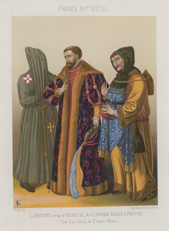 Pénitent du temps de Henri III avec un noble et un prêtre - French School