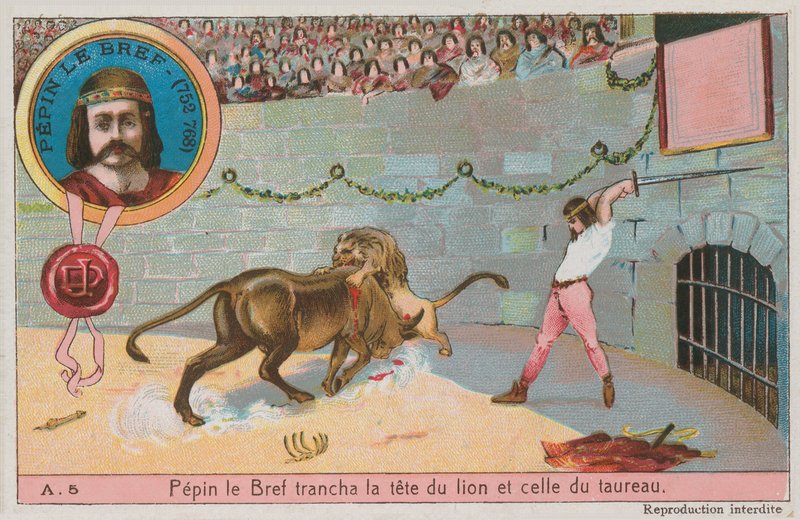 Pépin le Bref attaquant la tête du lion et du taureau - French School
