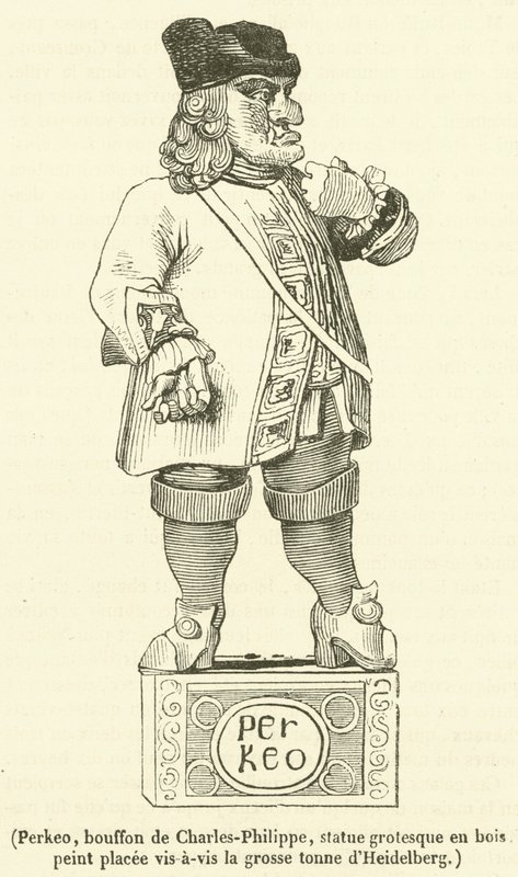 Perkeo, bouffon de Charles-Philippe, statue grotesque en bois peint placée vis-à-vis la grosse tonne d