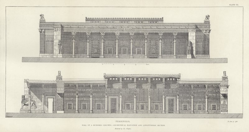 Persépolis, salle des Cent Colonnes, élévation géométrique et section longitudinale (restaurée par Ch Chipiez) - French School