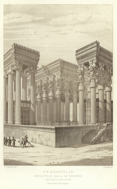 Persépolis, Salle hypostyle de Xerxès, Vue en perspective, restaurée par Ch Chipiez - French School
