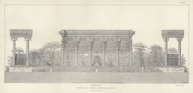 Persépolis, salle hypostyle de Xerxès, élévation géométrique (restaurée par Ch Chipiez) - French School