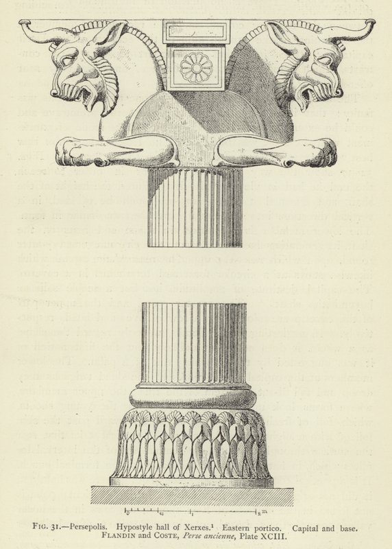 Persépolis, Salle hypostyle de Xerxès, Portique oriental, Chapiteau et base - French School