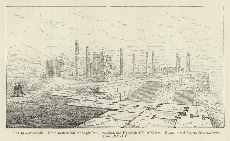 Persépolis, Côté nord-ouest de la plateforme, Propylées et Salle hypostyle de Xerxès - French School
