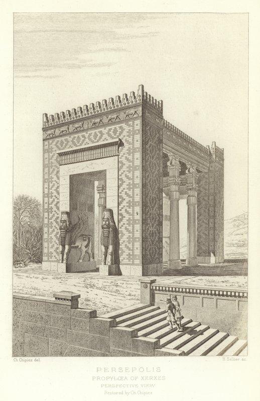 Persépolis, Propylées de Xerxès, Vue en perspective, restaurée par Ch Chipiez - French School