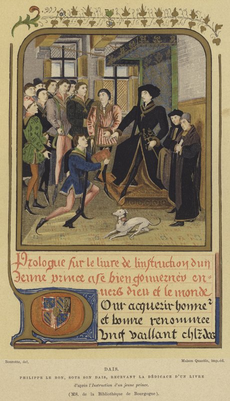 Philippe le Bon, duc de Bourgogne, assis sur une estrade recevant un livre, 15ème siècle - French School
