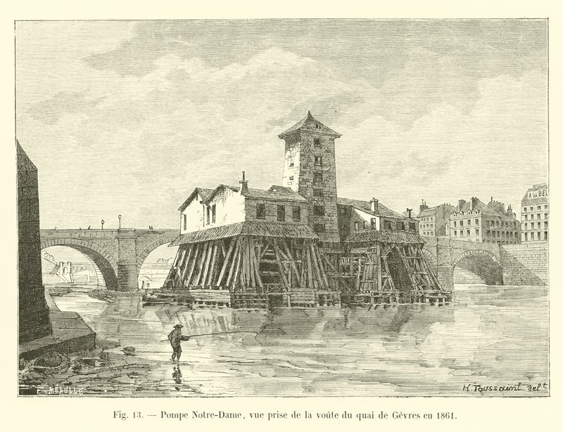 Pompe Notre-Dame, vue prise de la voûte du quai de Gesvres en 1861 - French School