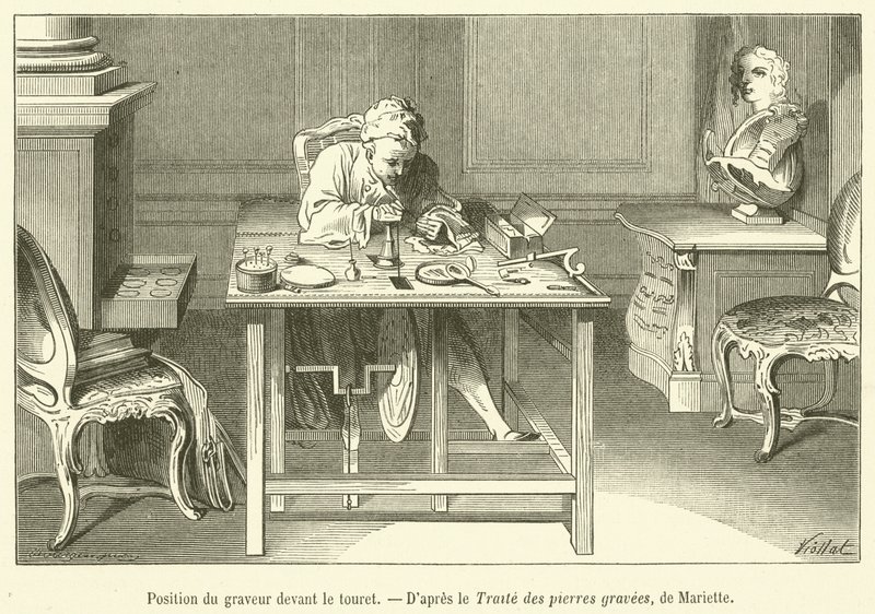 Position du graveur devant le touret (gravure) - French School
