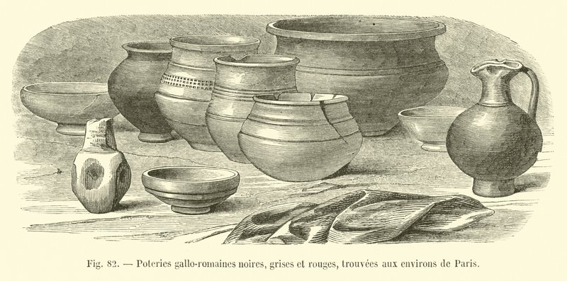 Poteries gallo-romaines noires, grises et rouges, trouvées aux environs de Paris - French School