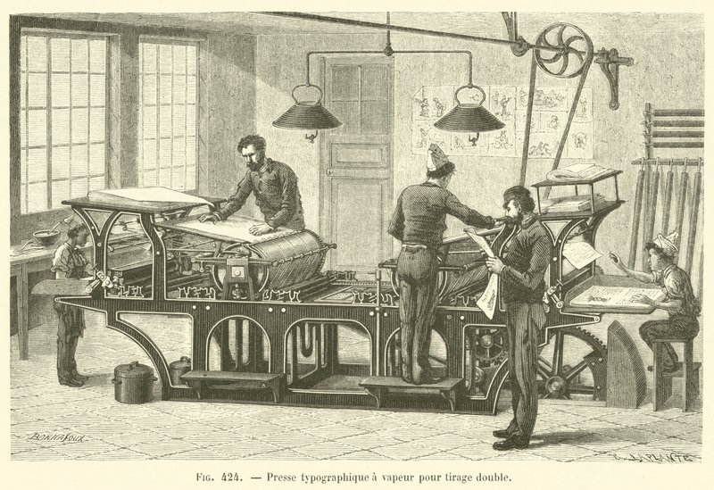 Presse typographique à vapeur pour tirage double (gravure) - French School