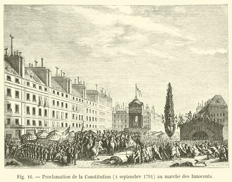 Proclamation de la Constitution, 4 septembre 1791, au marché des Innocents - French School