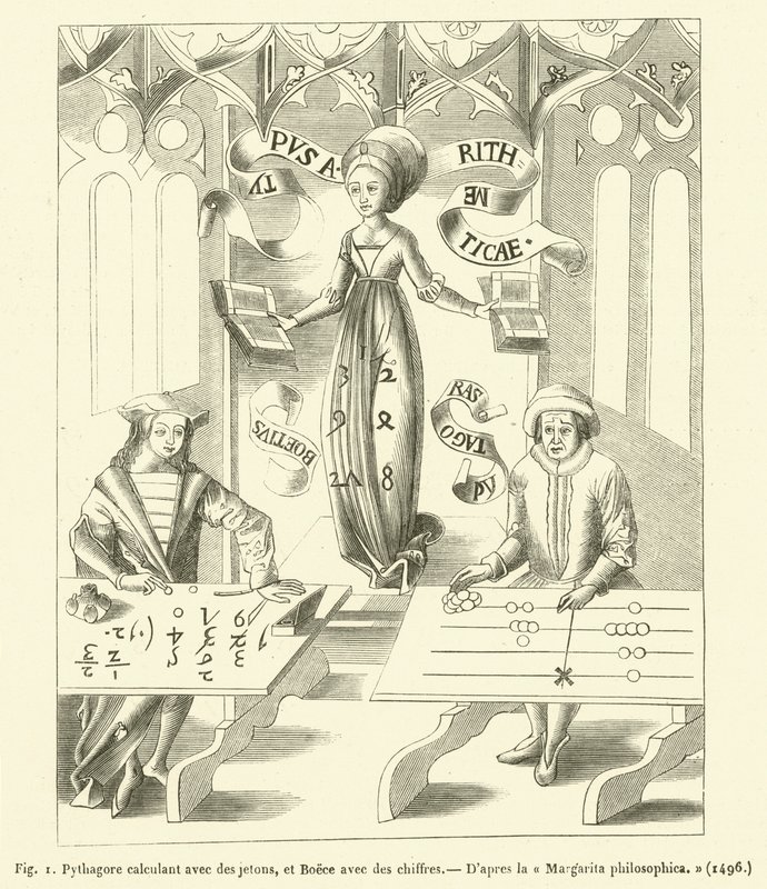 Pythagore calculant avec des jetons, et Boèce avec des chiffres - French School