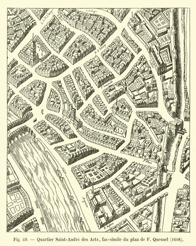 Quartier Saint-André des Arts, fac-similé du plan de F Quesnel, 1608 - French School