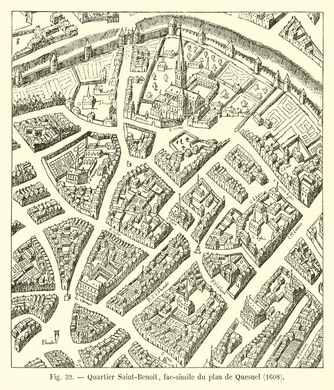 Quartier Saint-Benoit, fac-similé du plan de Quesnel, 1608 - French School