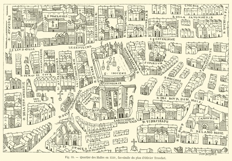 Quartier des Halles en 1550, fac-similé du plan d