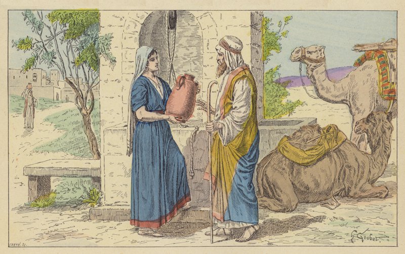 Rebecca au puits (lithographie couleur) - French School