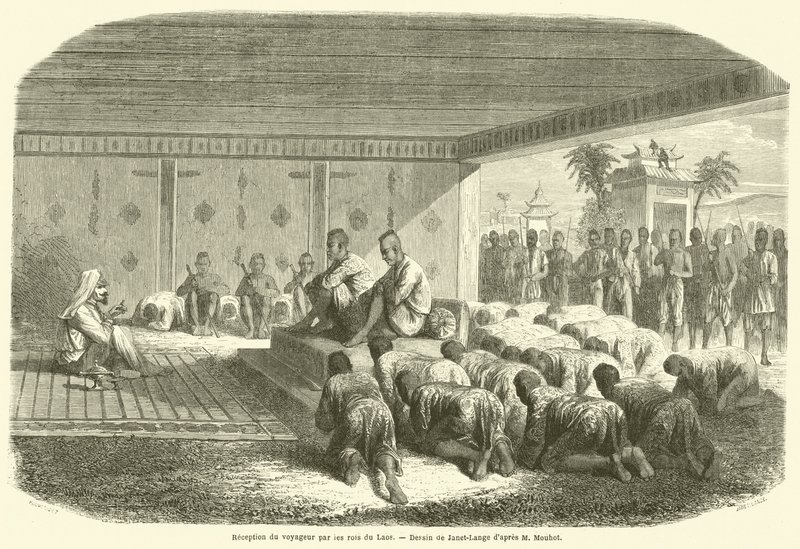 Réception du voyageur par les rois du Laos (gravure) - French School