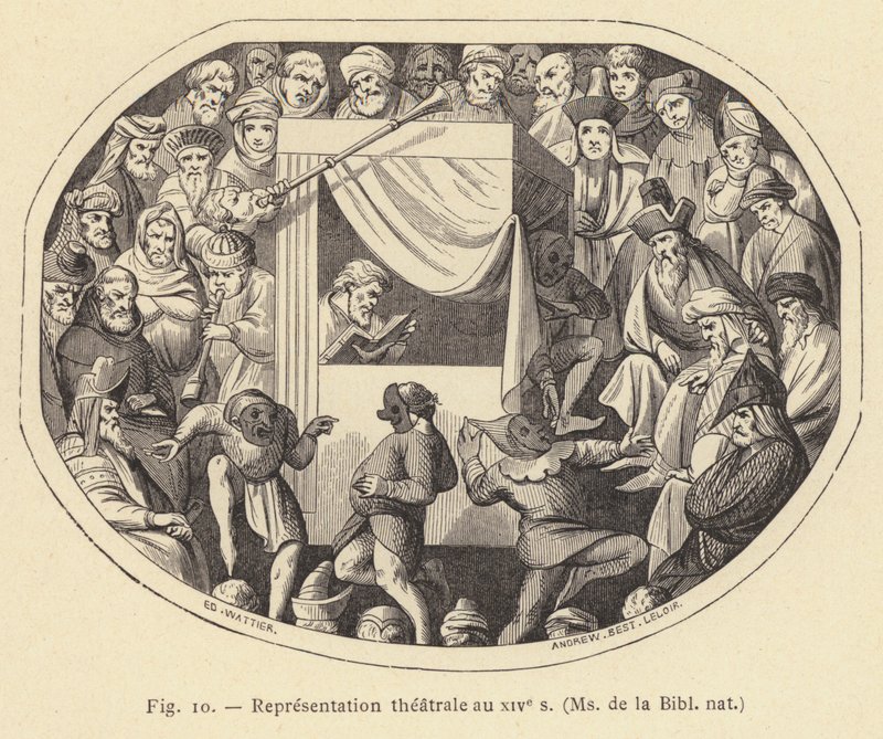 Représentation théâtrale au XIVe siècle, Ms de la Bibl nat - French School
