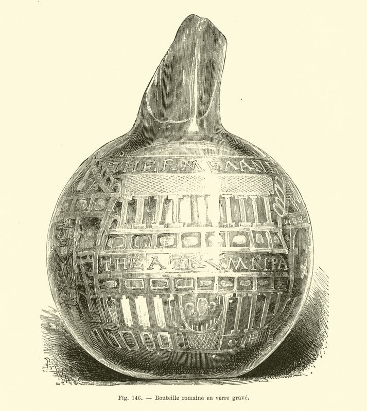 Bouteille en verre gravée romaine - French School