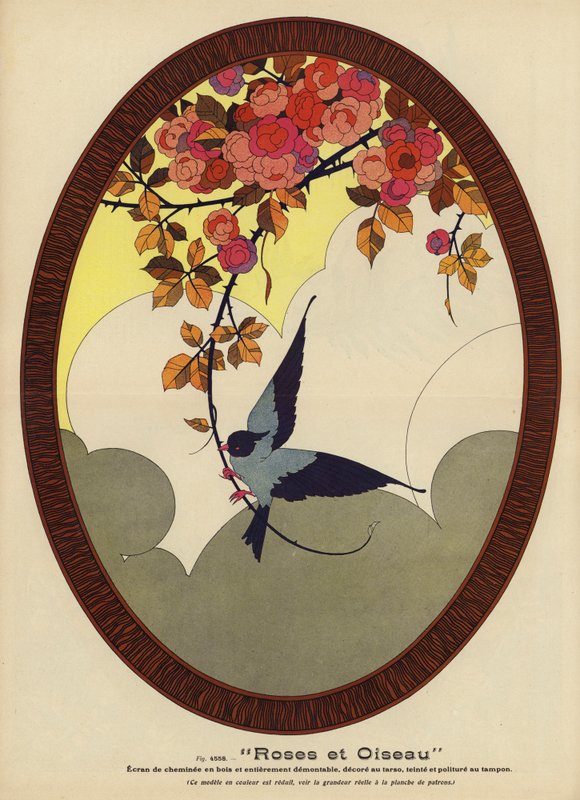 Roses et Oiseau, Roses and Bird (colour litho) - French School