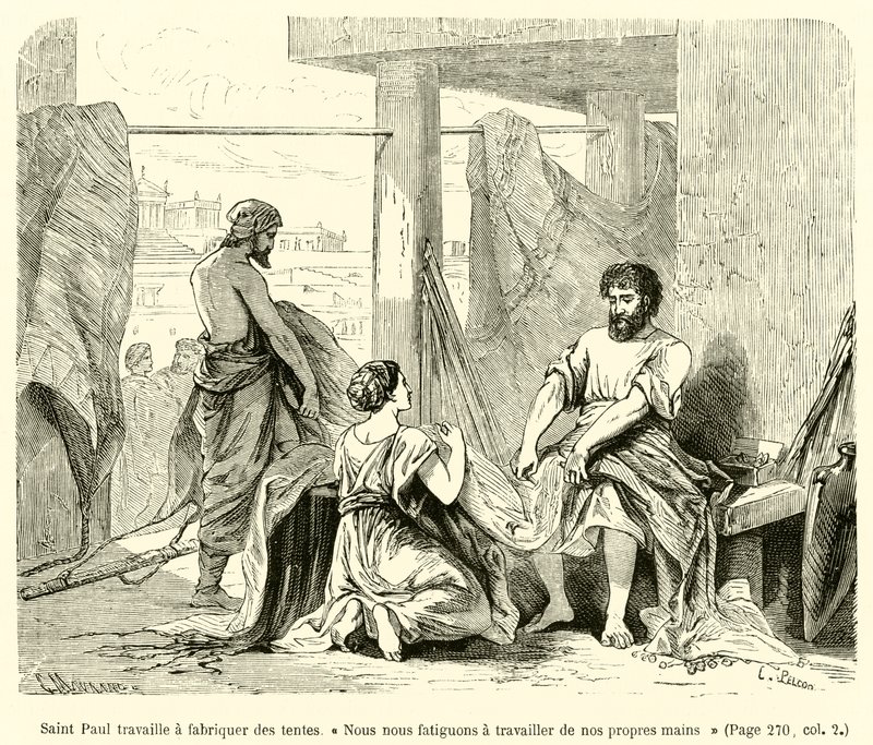 Saint Paul travaille à fabriquer des tentes, "Nous nous fatiguons à travailler de nos propres mains" (gravure) - French School