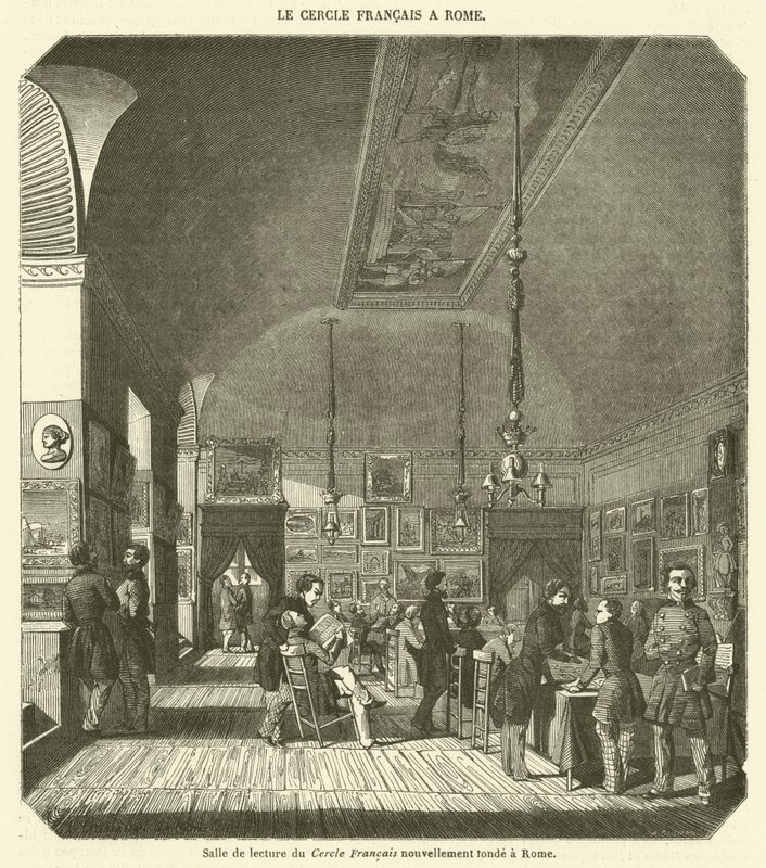 Salle de lecture du Cercle Francais nouvellement fonde a Rome (engraving) - French School