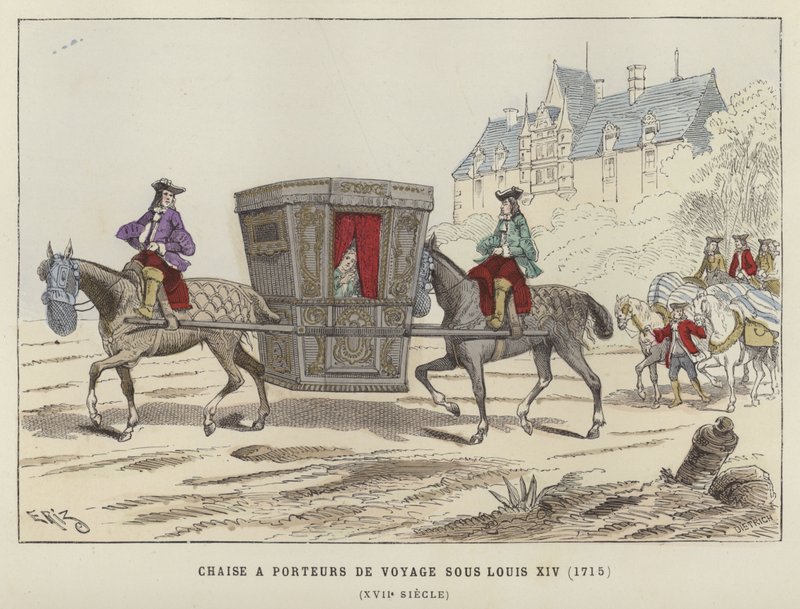 Chaise à porteurs tirée par des chevaux, règne de Louis XIV de France, 1715 - French School