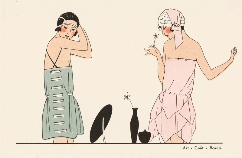 Mode de lingerie en soie des années 1920 (lithographie couleur) - French School