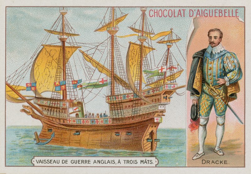 Sir Francis Drake et un navire de guerre anglais à trois mâts - French School
