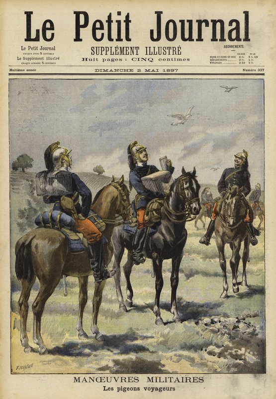 Soldats utilisant des pigeons voyageurs lors de manœuvres militaires, Soissons, France - French School
