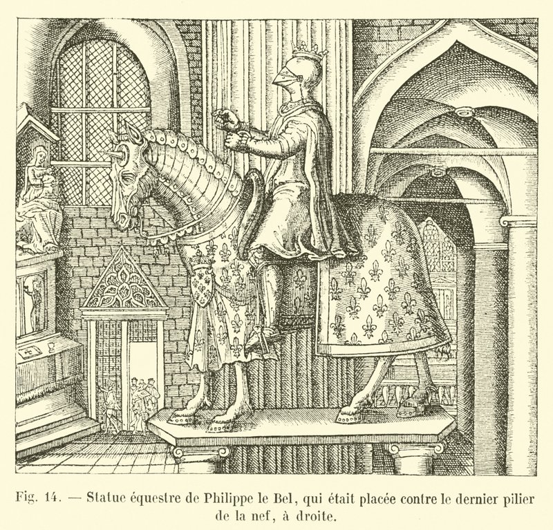 Statue équestre de Philippe le Bel, qui était placée contre le dernier pilier de la nef, à droite - French School