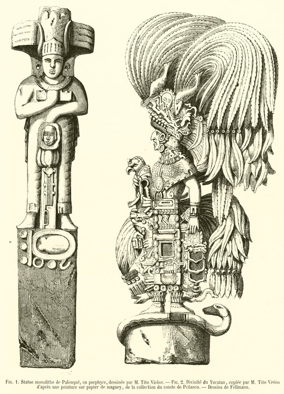 Statue monolithe de Palenque, en porphyre; Divinité du Yucatan - French School