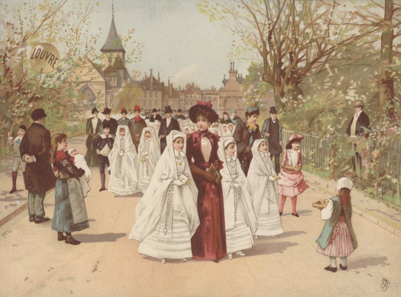 Scène de rue avec des filles portant des robes de Confirmation - French School
