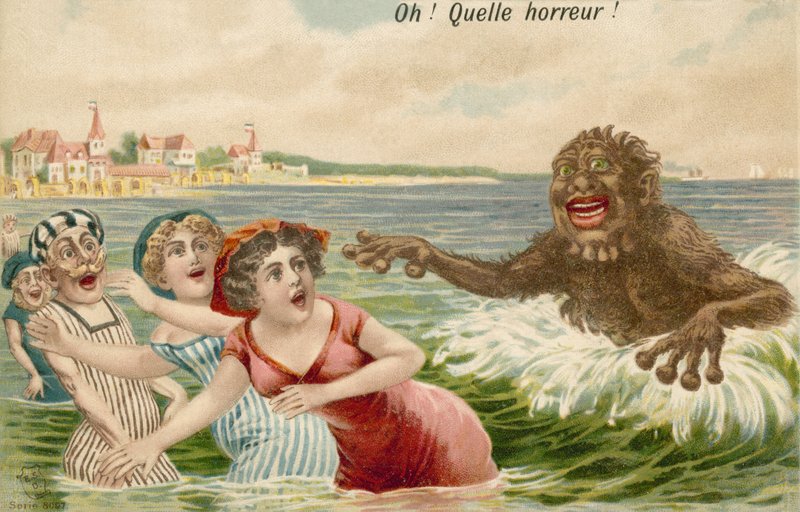 Nageurs poursuivis par un monstre marin - French School