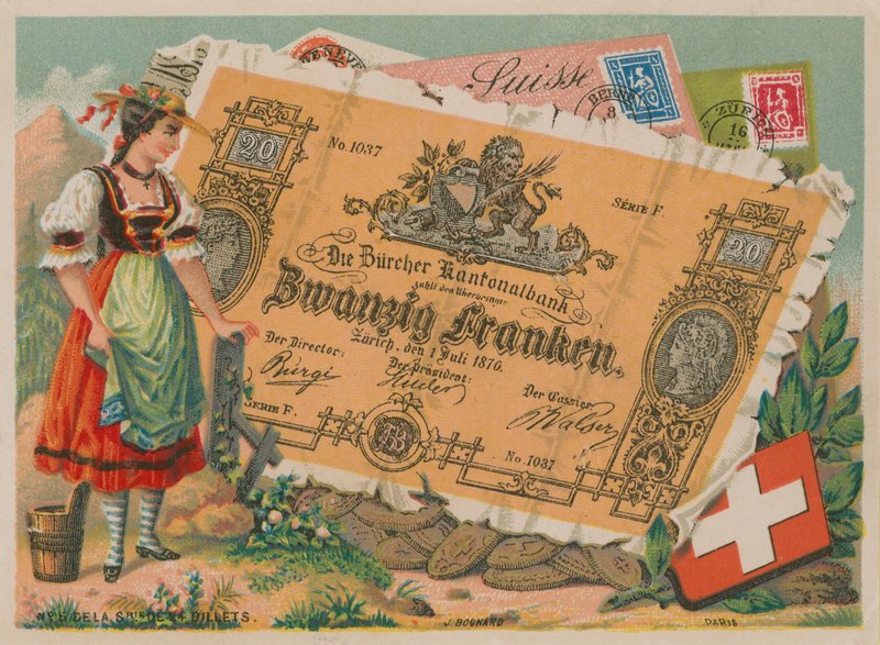 Fille suisse en costume traditionnel et billet de 20 francs - French School
