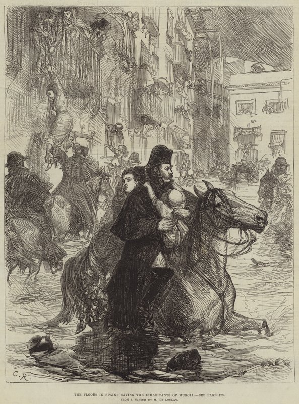 Les Inondations en Espagne, sauvetage des habitants de Murcie (gravure) - French School