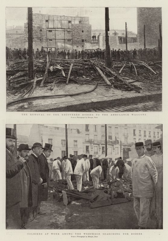 Le transfert des corps retrouvés aux wagons-ambulances, soldats travaillant parmi les débris à la recherche de corps (gravure) - French School