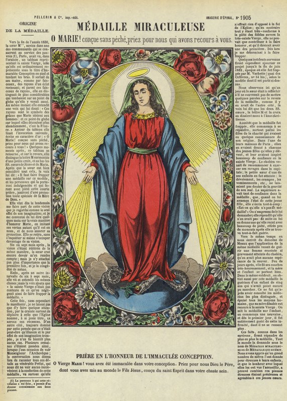 La Vierge Marie et la Médaille Miraculeuse (lithographie couleur) - French School