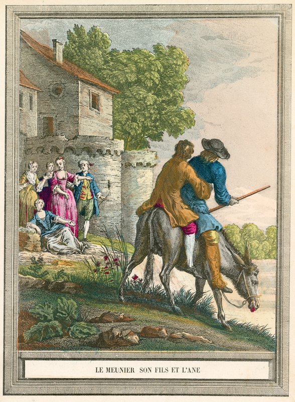 Le meunier et son fils sur un âne - French School