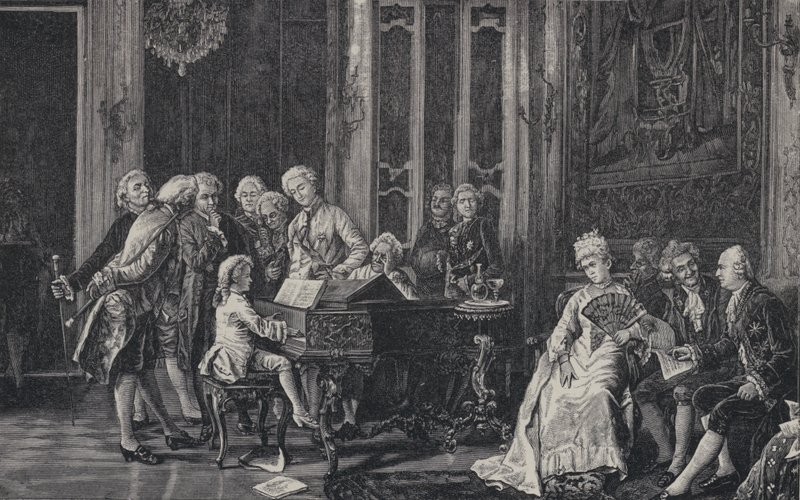 Le jeune Wolfgang Amadeus Mozart jouant devant le roi George III à Londres, 1764 - French School