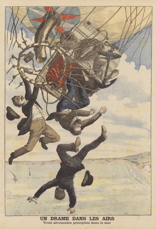 Trois aérostiers italiens tombant dans la mer (lithographie couleur) - French School