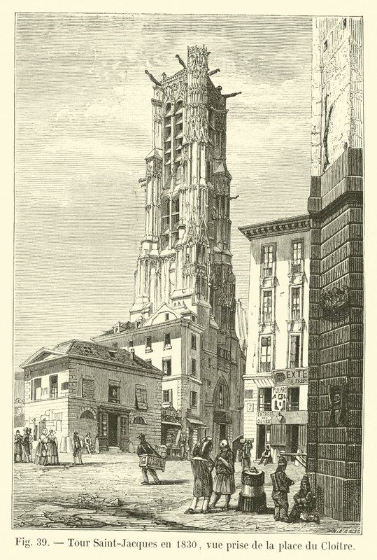 Tour Saint-Jacques en 1830, vue prise de la place du Cloître - French School