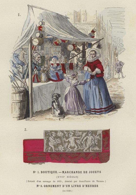 Étal de jouets, 17ème siècle, et détail décoratif d