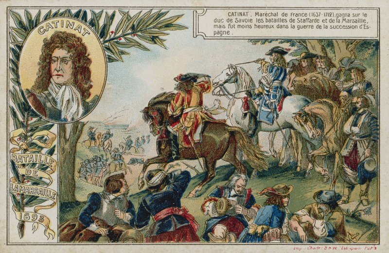 Carte de commerce avec une image de la bataille de Marsaglia - French School