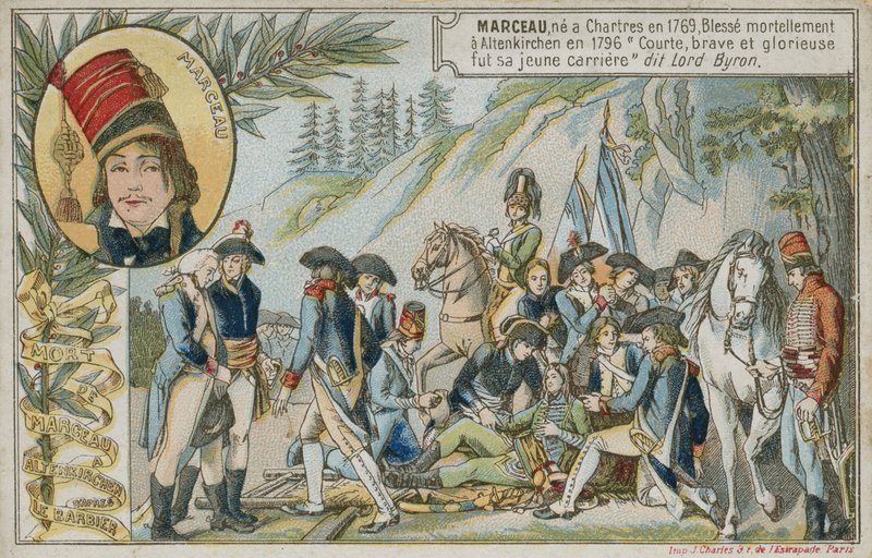 Carte commerciale représentant la mort du général français Marceau-Desgraviers - French School