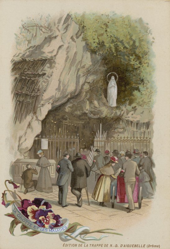 Carte de commerce avec une image de la grotte de Lourdes - French School