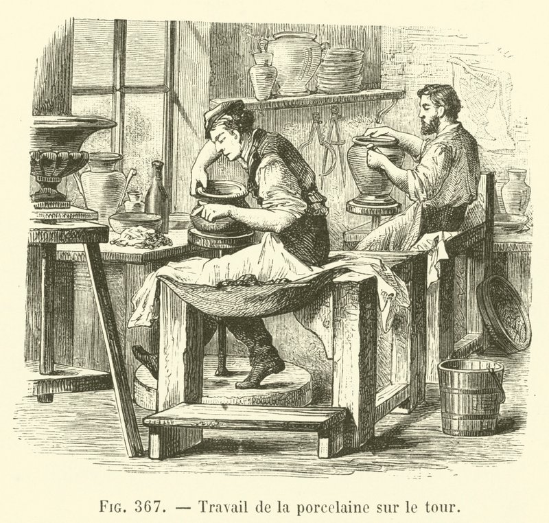 Travail de la porcelaine sur le tour (gravure) - French School