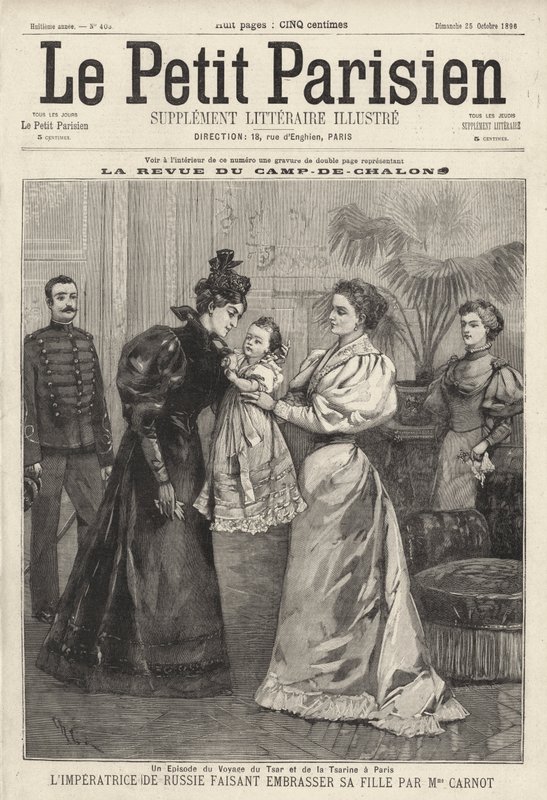 La tsarine Alexandra de Russie invitant la veuve du président français Sadi Carnot à embrasser sa fille, la grande-duchesse Olga, lors de la visite de la famille impériale russe à Paris - French School